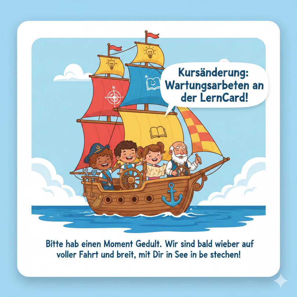 Ein Schiff mit Schiffsjungen, die am Steuer sitzen und fröhlich grinsen, während ein erfahrener Kapitän im Hintergrund das Ruder für sie hält und lacht. Das Schiff hat bunte Segel und ist bei strahlendem Sonnenschein auf dem Meer unterwegs.